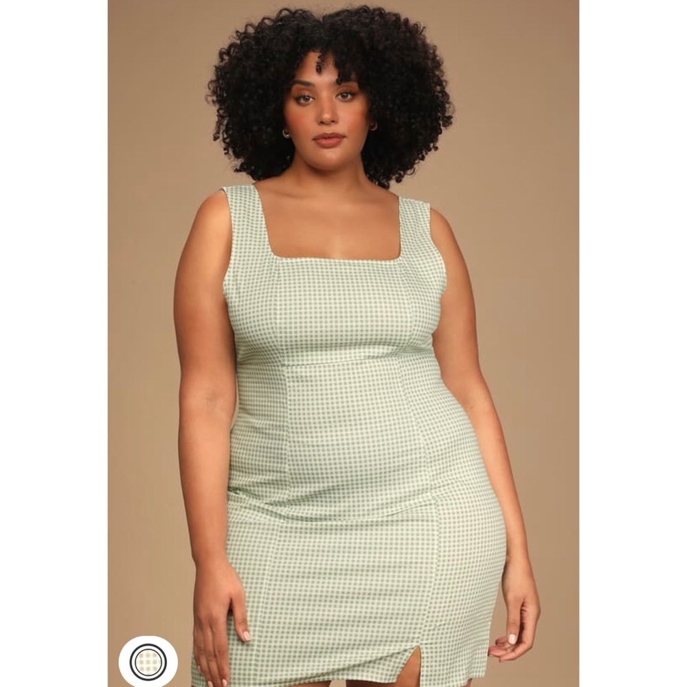 Lulus Happy Chance Sage Green Gingham Square Neck Mini Dress NWT